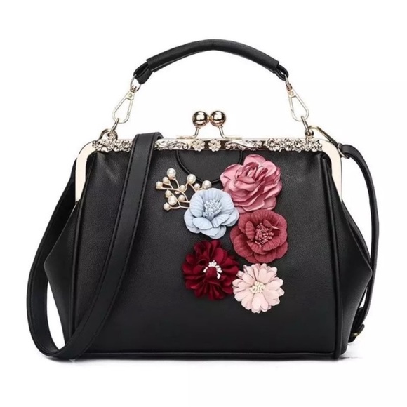 Flower Applique Kiss Lock PU Leather Bag (Black) - Picture 3 of 7